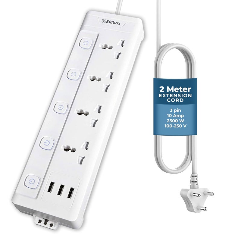 EMBOX لوحة تمديد EMBOX 10A مع منفذ USB 4 مقابس عالمية و 3 منافذ شحن USB 2.4A مع مؤشر 2500 واط كابل ثقيل 250 فولت كابل بطول 2 متر - Image 1