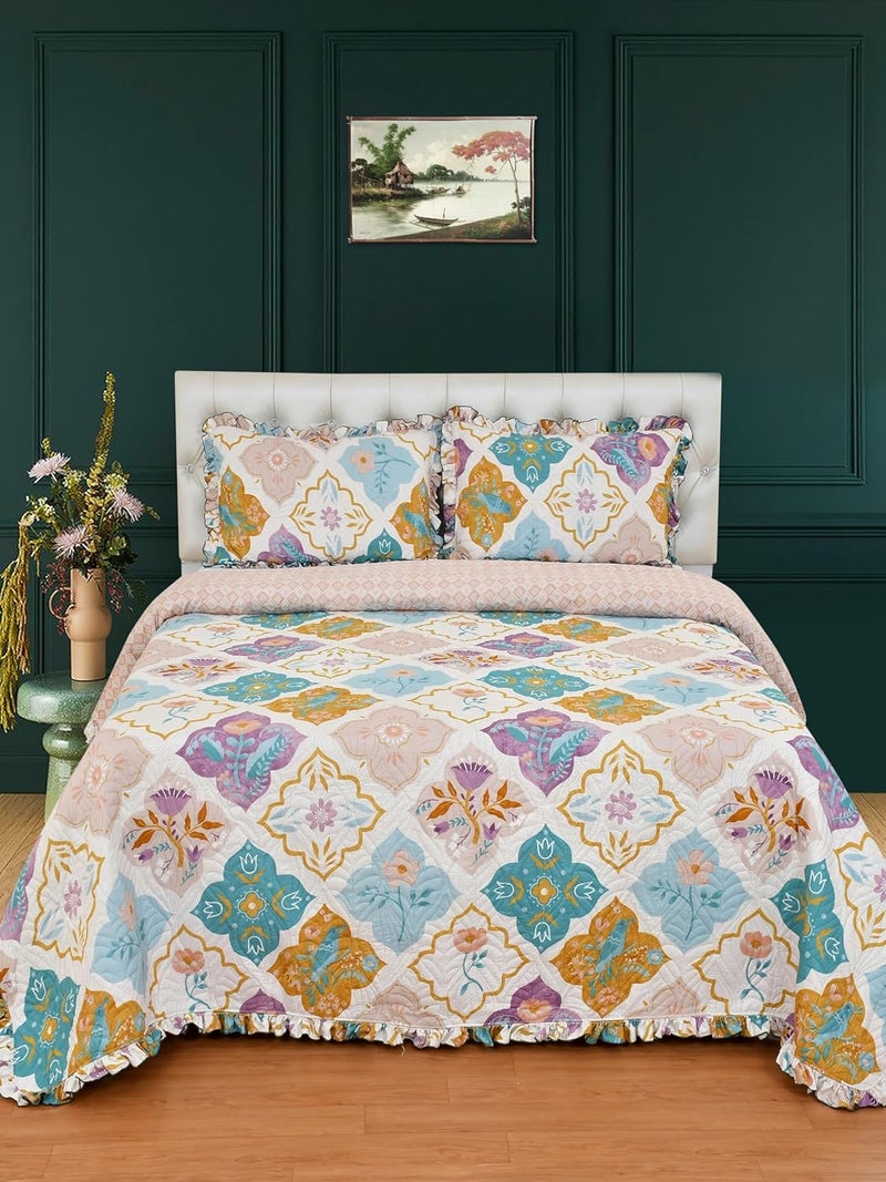 BREVARD BREVARD Luxury Premium Glace Cotton Motifs Design Printed Bed Cover Frill Border 2 Pillow Covers All Season Ultrasonic Lightweight BedspreadsBed CoverQueen Size 90x100 Inches Multi Color