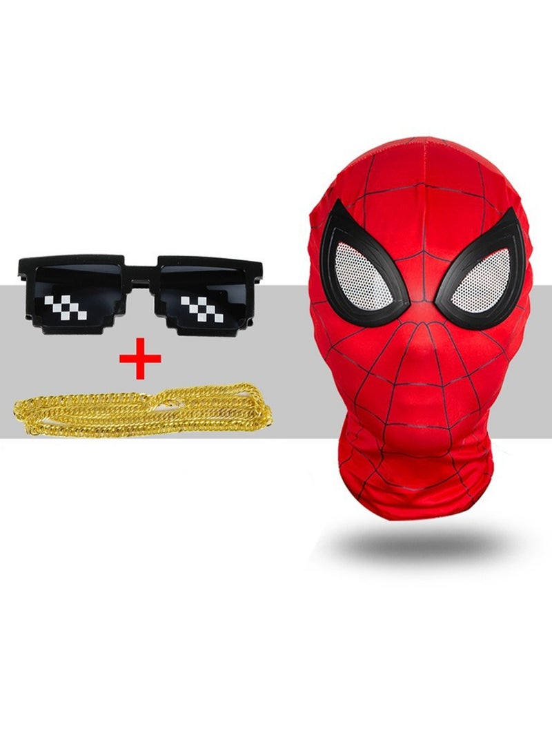 قناع العنكبوت للرأس من الليكرا وقناع الوجه الكامل، زي لعب الأدوار السينمائي للأطفال (بما في ذلك القلادة والنظارات الشمسية) - Image 1