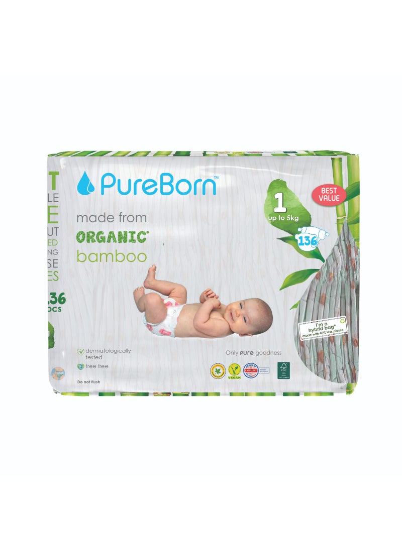 PureBorn Organic Diapers Size-1 Upto 5kg Master Value Pack Daisy Print 136 Diapers - Image 1