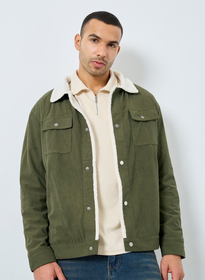 Styli Men Oversized Corduroy Jacket with Faux Fur Lining - Image 3