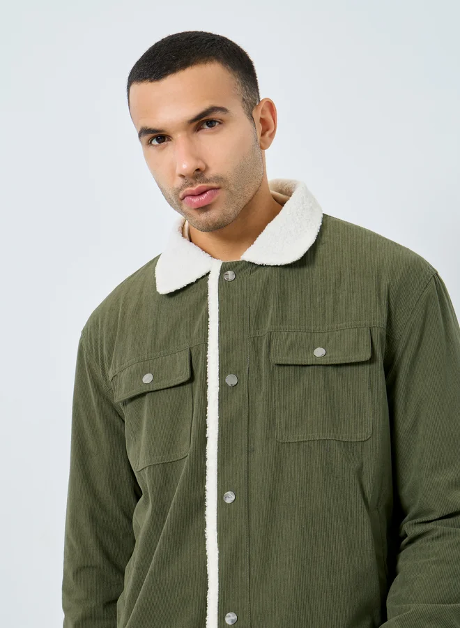 Styli Styli Men Oversized Corduroy Jacket with Faux Fur Lining