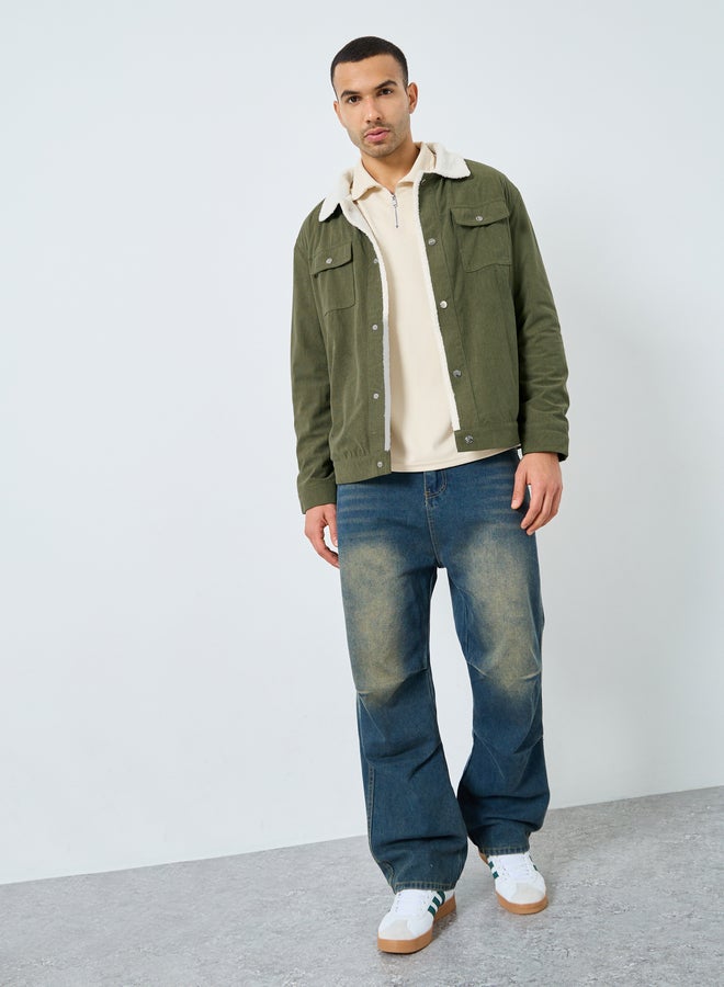 Styli Men Oversized Corduroy Jacket with Faux Fur Lining - Image 2