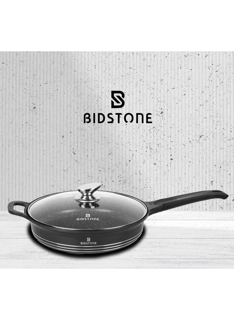 Bidstone 28cm Premium Granite Frying Pan with Lid – Nonstick Multi-Layer Coating | Stay-Cool Handle & Hanging Loop | Sleek Black Finish - Image 1