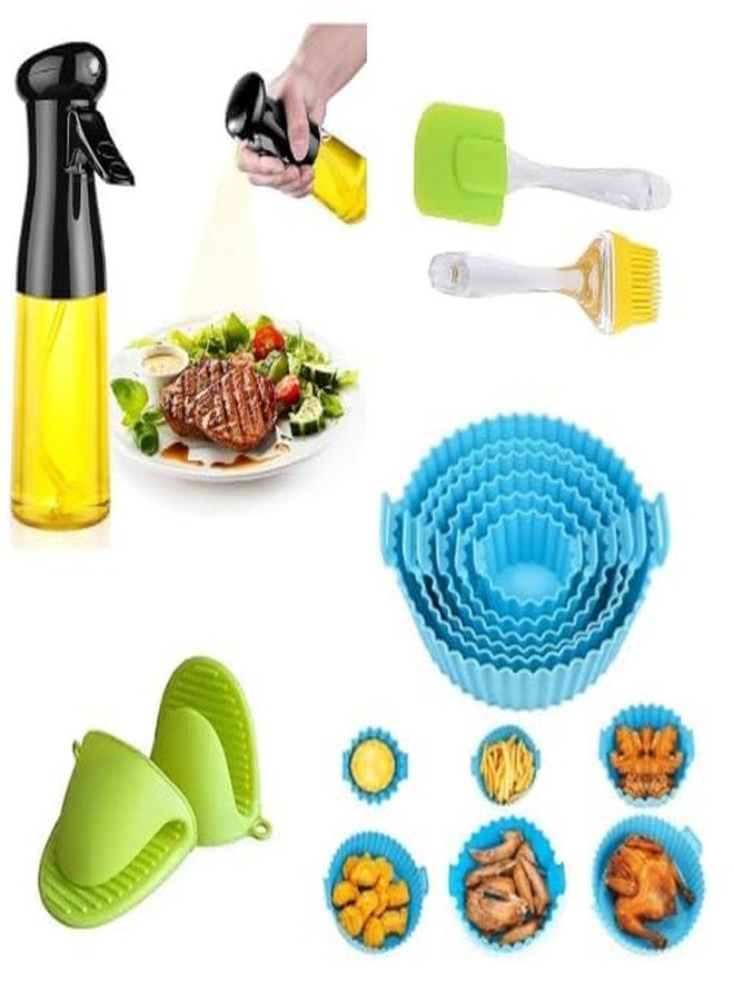 VEPROIX VEPRIOX 6 Pcs Round Reusable Non-Stick Silicone Air Fryer Basket Liners with Oil Sprayer Bottle, Oil Brush, Spatula and Silicone Gloves - Multicolor - Image 1