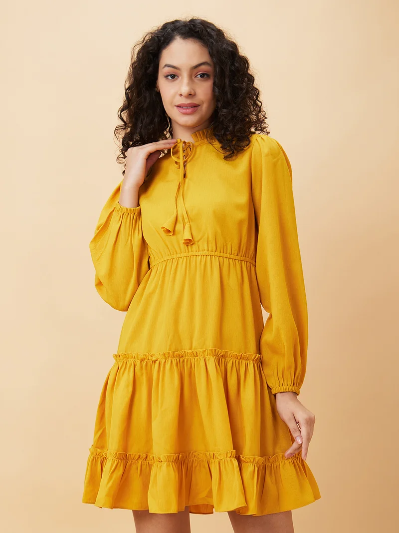 globus Women Tie-Up Neck Puff Sleeves Gathered Or Pleated Chiffon Fit & Flare Dress