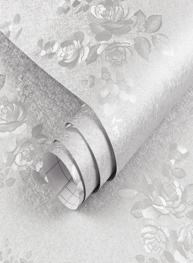ReWallpaper Silver Grey Wallpaper Peel and Stick Silk Floral Wallpaper for Bedroom Removable Grey Contact Paper Self Adhesive Textured Embossed Flower Wall Paper for Bathroom Living Room 17.5inX10ft - Image 1