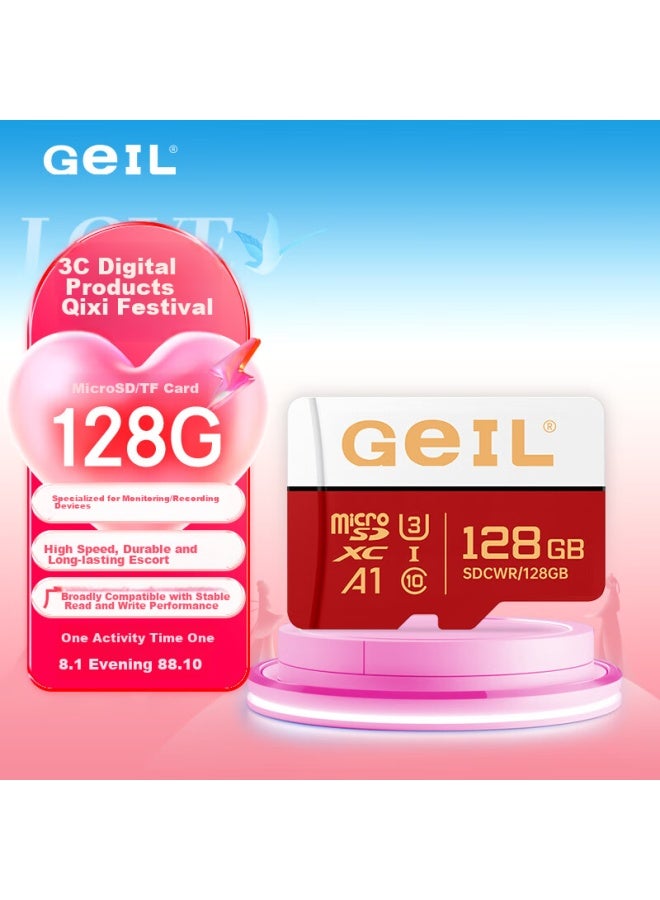 Geil 128gb Tf Memory Card U3 Class10 Highly Durable For Phones/cameras/dash Cams/security Cameras, White And Red - Image 1
