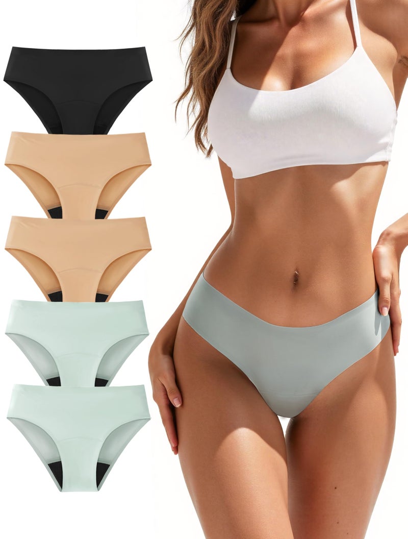 TIICHOO Period Underwear for Women 30ml Absorbency Period Bikini Seamless Leakproof Underwear 5 Pack (Medium,2 Smoke Green/2 Beige/Black) - Image 1