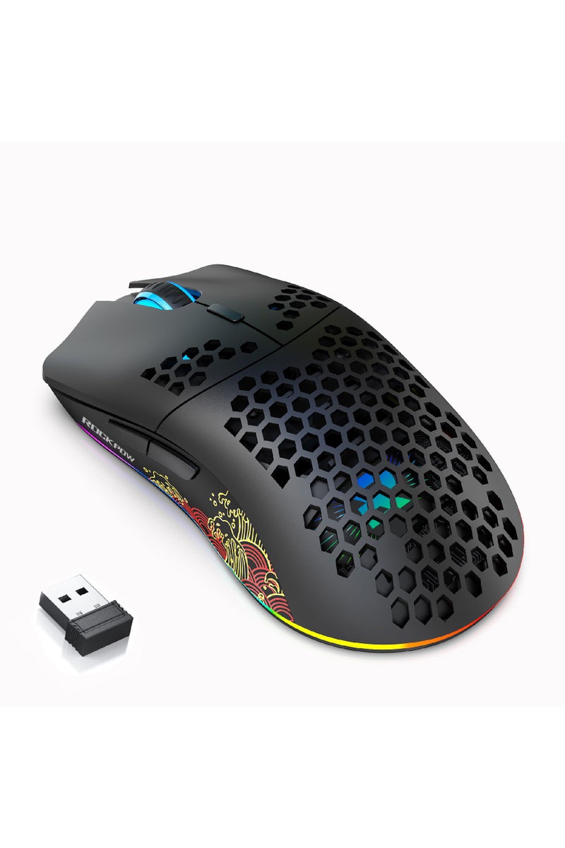 Rock Pow Wireless Gaming Mouse Honeycomb Ultralight 6 Programmable Buttons Adjustable 4800 DPI Ergonomic Wireless Mouse RGB Backlight High-Precision Optical Sensor Rechargeable Gaming Mice Mouse for Laptop Computer PC MAC - Image 1