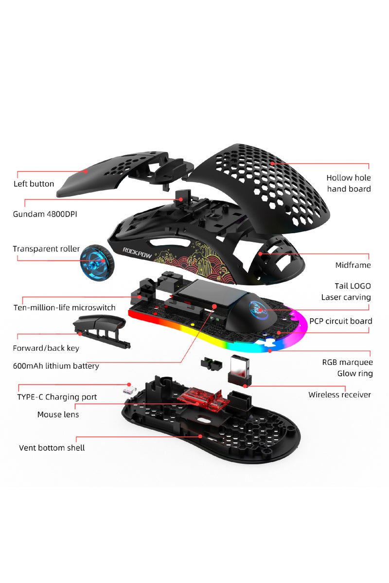 Rock Pow Wireless Gaming Mouse Honeycomb Ultralight 6 Programmable Buttons Adjustable 4800 DPI Ergonomic Wireless Mouse RGB Backlight High-Precision Optical Sensor Rechargeable Gaming Mice Mouse for Laptop Computer PC MAC - Image 2