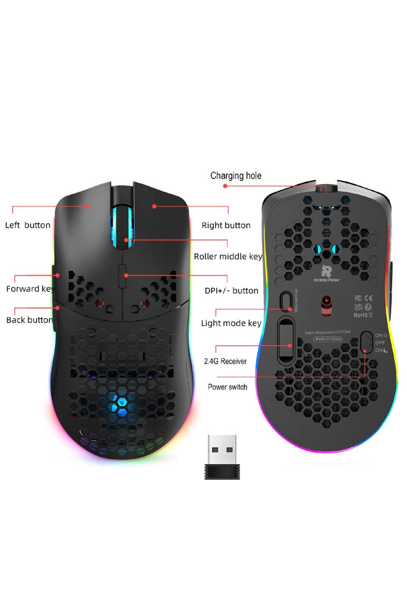 Rock Pow Wireless Gaming Mouse Honeycomb Ultralight 6 Programmable Buttons Adjustable 4800 DPI Ergonomic Wireless Mouse RGB Backlight High-Precision Optical Sensor Rechargeable Gaming Mice Mouse for Laptop Computer PC MAC - Image 4