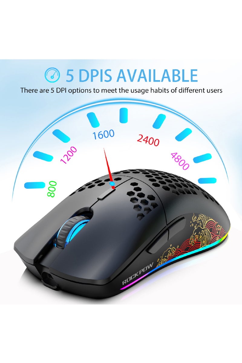 Rock Pow Wireless Gaming Mouse Honeycomb Ultralight 6 Programmable Buttons Adjustable 4800 DPI Ergonomic Wireless Mouse RGB Backlight High-Precision Optical Sensor Rechargeable Gaming Mice Mouse for Laptop Computer PC MAC - Image 3