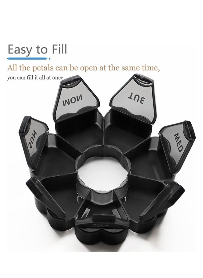 Flower Shape Weekly 7 Day Large Pill Organizer, Circle PP Material Portable Pill Dispenser Box Case, Gummy Medication Store Container(Black) - Image 4