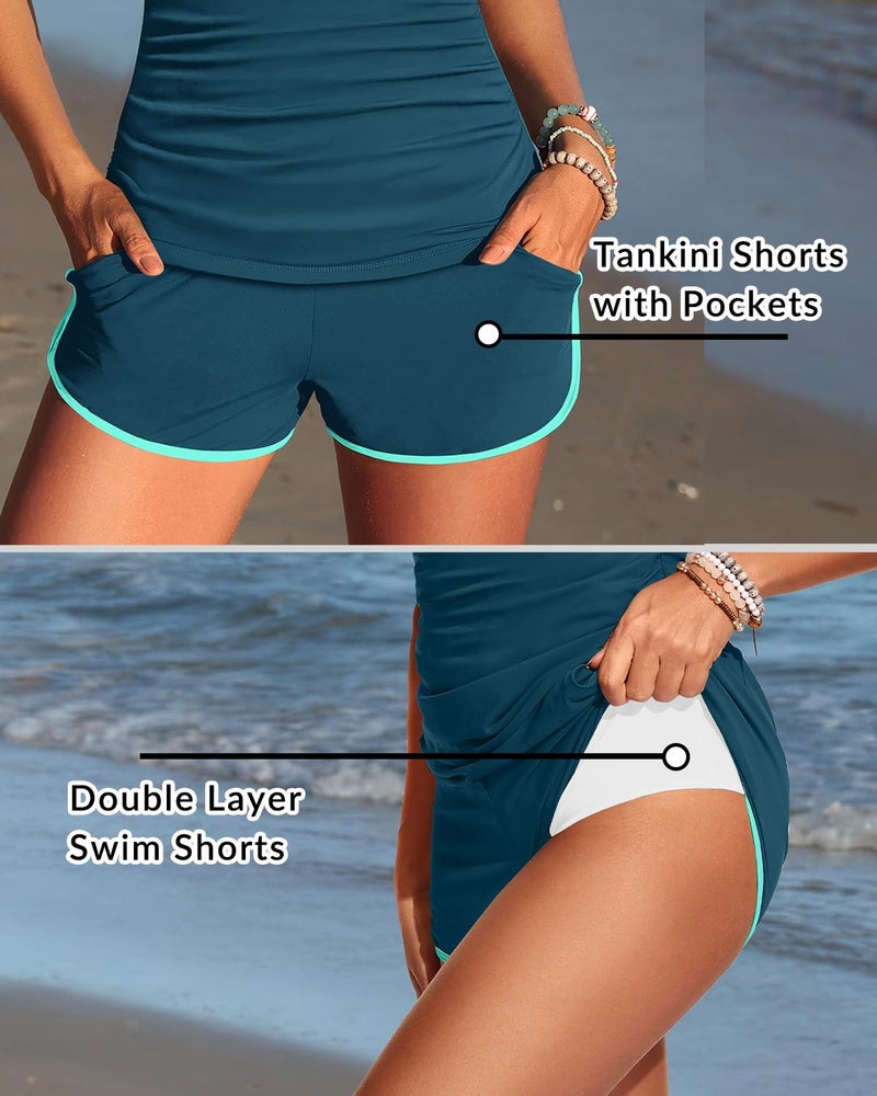 Yonique Women Tankini Swimsuit with Shorts - Two Piece Tummy Control Bathing Suit with Pockets 2025 Swimwear Teal and Green M - Image 5