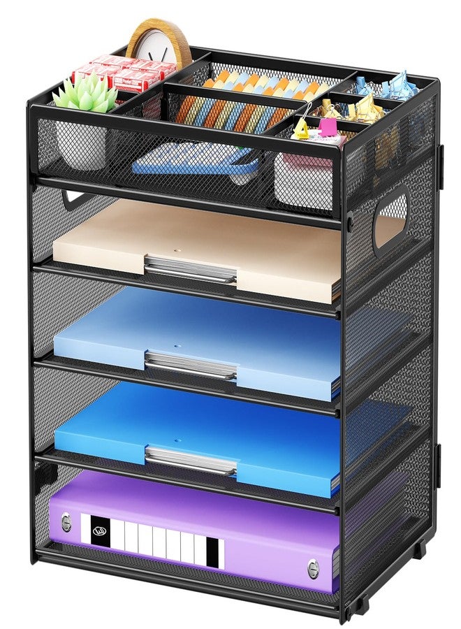 Marbrasse 5-Tier Letter Tray Paper Organizer with Handle, Multi-Functional Mesh File Organizer for Desk, Adjustable Compartments Mesh Desktop Storage for Office Supplies,Black - Image 1