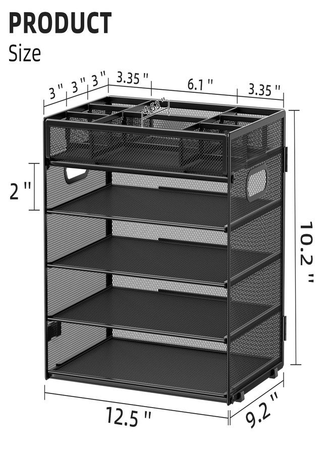 Marbrasse 5-Tier Letter Tray Paper Organizer with Handle, Multi-Functional Mesh File Organizer for Desk, Adjustable Compartments Mesh Desktop Storage for Office Supplies,Black - Image 2