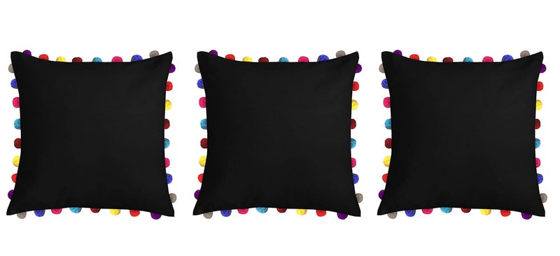 Lushomes Cushion Cover 24x24 Boho Cushion Covers Sofa Pillow Cover Cushion Covers with Tassels Cushion Cover with pom pom 24x24 Inches Set of 3 Black - Image 1