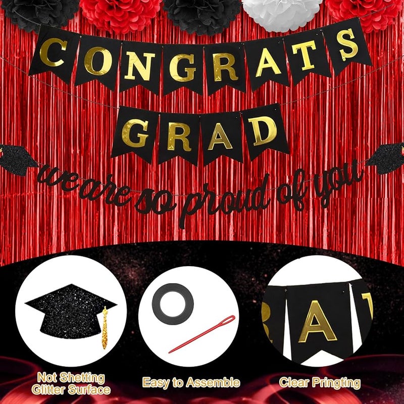 Graduation Decorations Class of 2026 Red and Black Graduation Decor Foil Balloons So Proud of You Congrats Grad Banner Fringe Curtains Hanging Swirl Pompom for College High School Grad Party Supplies - Image 4