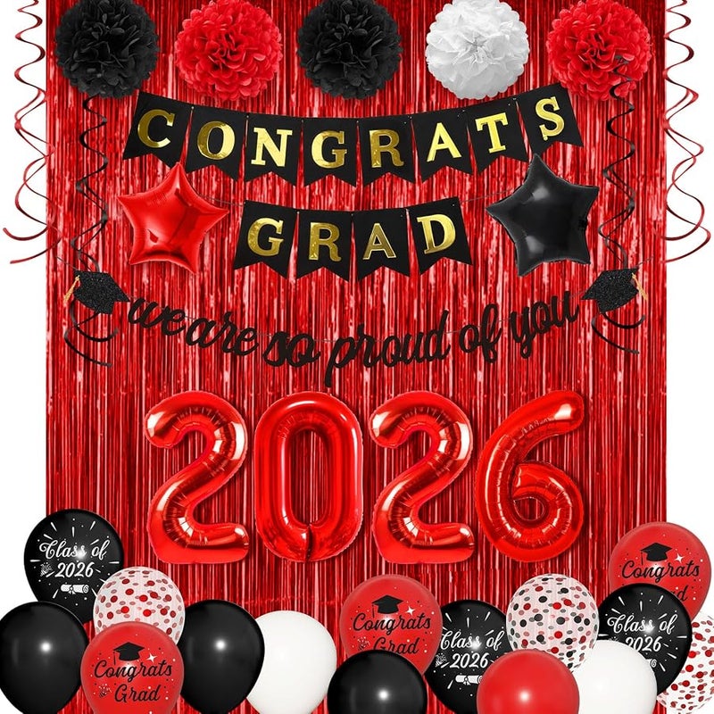 Graduation Decorations Class of 2026 Red and Black Graduation Decor Foil Balloons So Proud of You Congrats Grad Banner Fringe Curtains Hanging Swirl Pompom for College High School Grad Party Supplies - Image 2