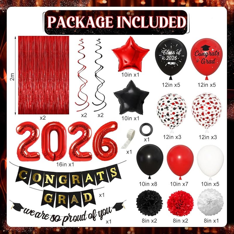 Graduation Decorations Class of 2026 Red and Black Graduation Decor Foil Balloons So Proud of You Congrats Grad Banner Fringe Curtains Hanging Swirl Pompom for College High School Grad Party Supplies - Image 3