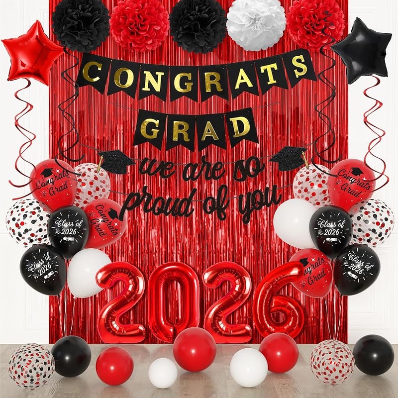 Graduation Decorations Class of 2026 Red and Black Graduation Decor Foil Balloons So Proud of You Congrats Grad Banner Fringe Curtains Hanging Swirl Pompom for College High School Grad Party Supplies - Image 1