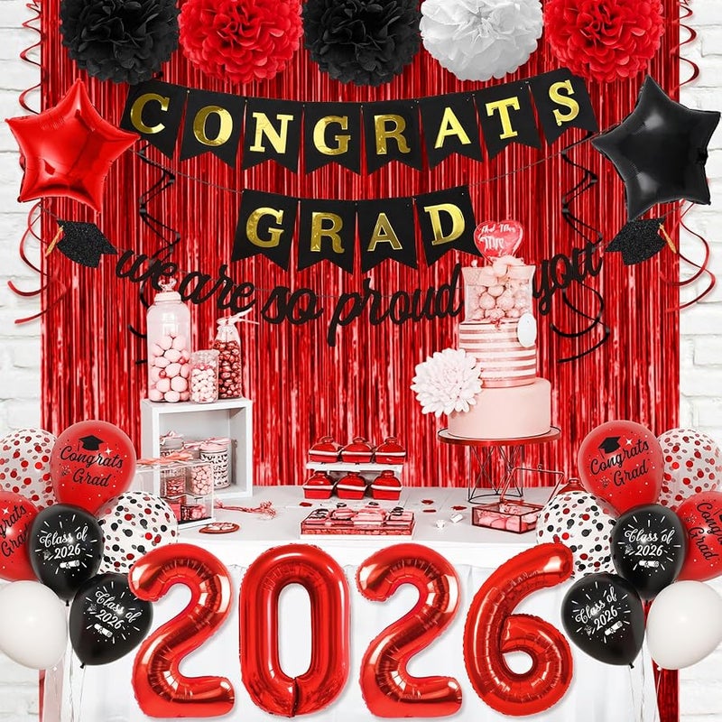 Graduation Decorations Class of 2026 Red and Black Graduation Decor Foil Balloons So Proud of You Congrats Grad Banner Fringe Curtains Hanging Swirl Pompom for College High School Grad Party Supplies - Image 5