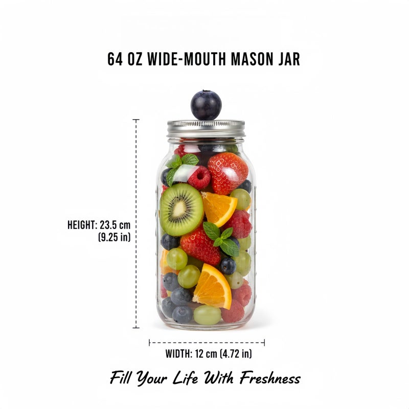 Yodecy 64 Oz Wide Mouth Mason Jars 3 Pack, Clear Glass Canning Jars with Metal Split Lids, Dual-Sided Measurement Marks, Large Glass Jars for Fermenting, Pickling, Food Storage & Kitchen Use - Image 2