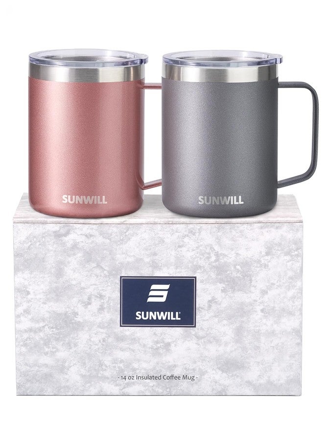 SUNWILL Travel Coffee Mug with Lid, Insulated Tumbler with Handle, 14 oz Stainless Steel Cup Set of 2 for Camping, Outdoor, Cool Grey & Rose Gold 2 Pack - Image 1
