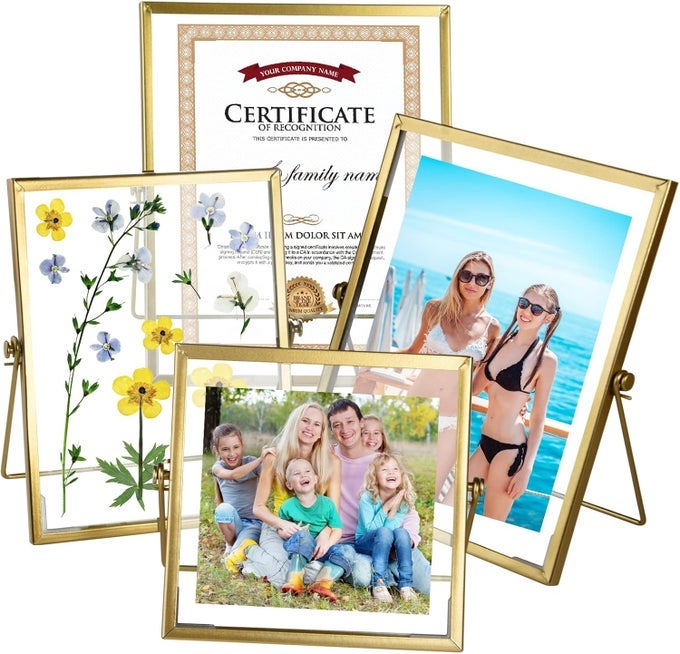 Set of 4 Glass Photo Frame Antique Metal Geometric Picture Frame with Glass Cover Floating Picture Frames Metal Pressed Glass Picture Frame Floating Frame Vertical