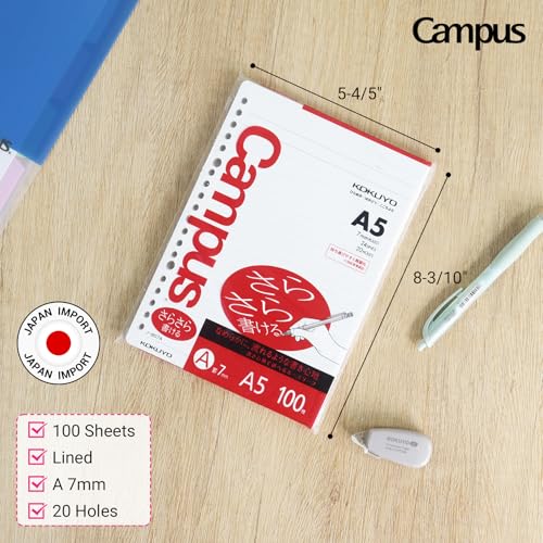 Kokuyo Campus Loose Leaf Paper, A5 Filler Paper with A 7mm Ruled, 100 Sheets 75 GSM Sarasara Smooth Writing, 20 Holes, 8-1/4"x6” Binder Notebook Bleed Resistant Paper. Japan Import (NO-807A) - Image 2