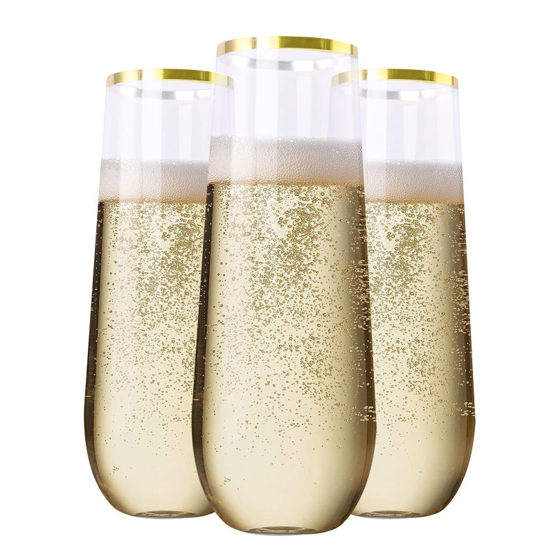 SUT 24 Pieces Stemless Plastic Champagne Flutes 9oz Gold Rim Plastic Champagne Glasses Clear Toasting Glasses Unbreakable Shatterproof Cocktail Cups for partywedding