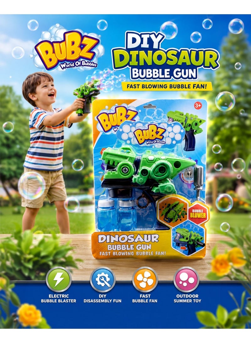 BUBZ Electric DIY Disassembling Dinosaur Bubble Gun for Kids with Automatic Bubble Blower Fan, Bubble Machine Toy with Screwdriver & Bubble Solution Bottles, Educational STEM Assembly Toy, Outdoor Summer Bubble Maker for Boys & Girls Age 3+, Fast Blowing Bubble Gun for Park Beach Garden Birthday Party Fun - Image 1