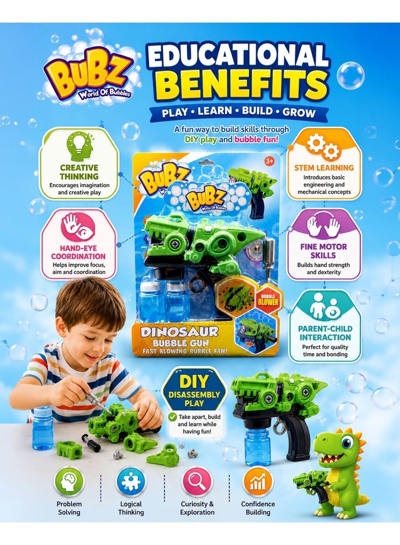 BUBZ Electric DIY Disassembling Dinosaur Bubble Gun for Kids with Automatic Bubble Blower Fan, Bubble Machine Toy with Screwdriver & Bubble Solution Bottles, Educational STEM Assembly Toy, Outdoor Summer Bubble Maker for Boys & Girls Age 3+, Fast Blowing Bubble Gun for Park Beach Garden Birthday Party Fun - Image 4
