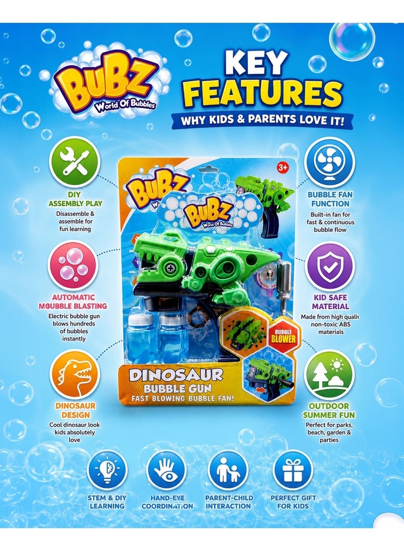 BUBZ Electric DIY Disassembling Dinosaur Bubble Gun for Kids with Automatic Bubble Blower Fan, Bubble Machine Toy with Screwdriver & Bubble Solution Bottles, Educational STEM Assembly Toy, Outdoor Summer Bubble Maker for Boys & Girls Age 3+, Fast Blowing Bubble Gun for Park Beach Garden Birthday Party Fun - Image 2