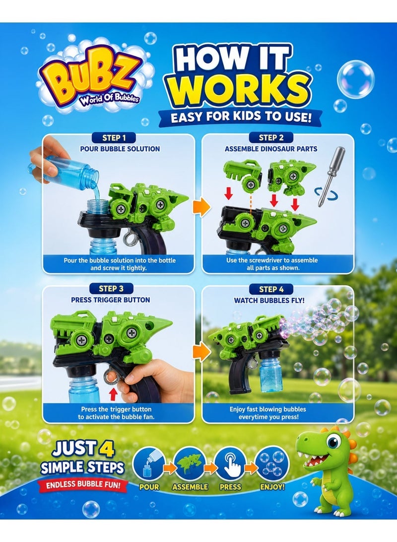 BUBZ Electric DIY Disassembling Dinosaur Bubble Gun for Kids with Automatic Bubble Blower Fan, Bubble Machine Toy with Screwdriver & Bubble Solution Bottles, Educational STEM Assembly Toy, Outdoor Summer Bubble Maker for Boys & Girls Age 3+, Fast Blowing Bubble Gun for Park Beach Garden Birthday Party Fun - Image 3