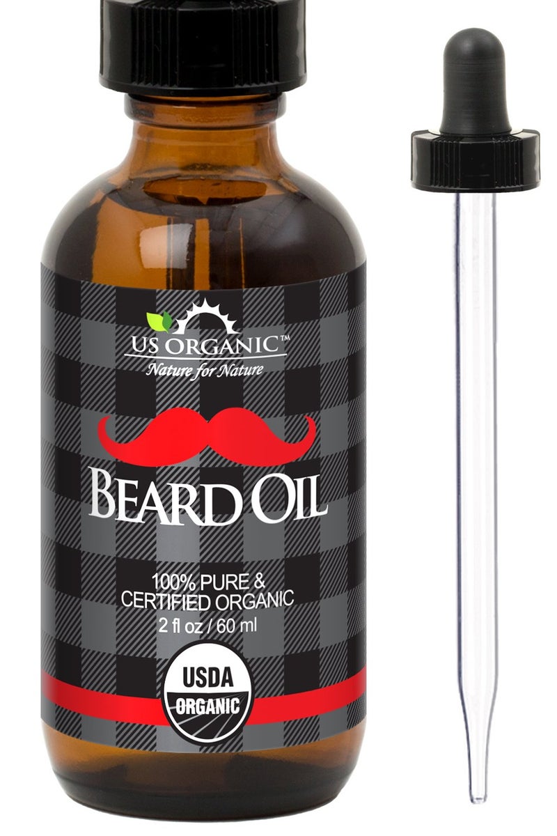 US Organic Beard Oil, 100% Pure, USDA Certified, Softens, shine, moisturizes, Amber Glass Bottle with Eye Dropper, 2 Ounce - Image 1