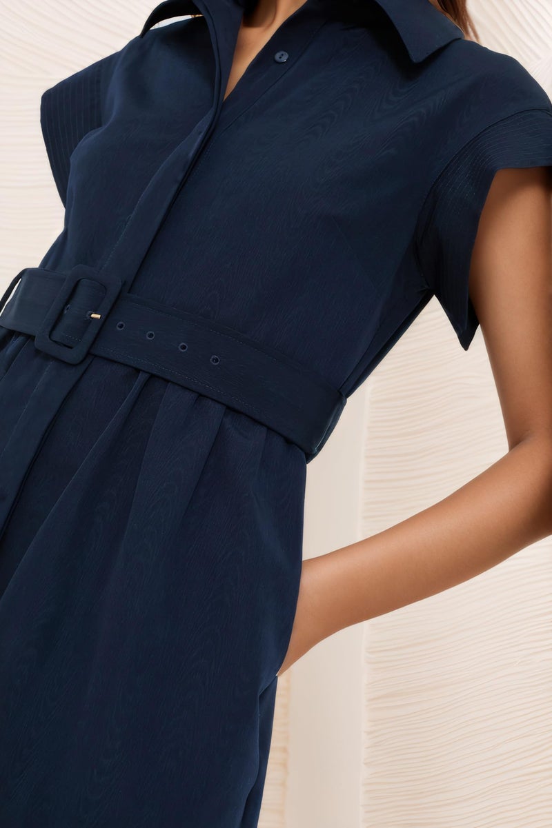 Ladyful Women Casual Button Down Shirt Dress Short Wing Sleeve Buiness Midi Shirt Dress with Belt Elegant Dress Navy - Image 3