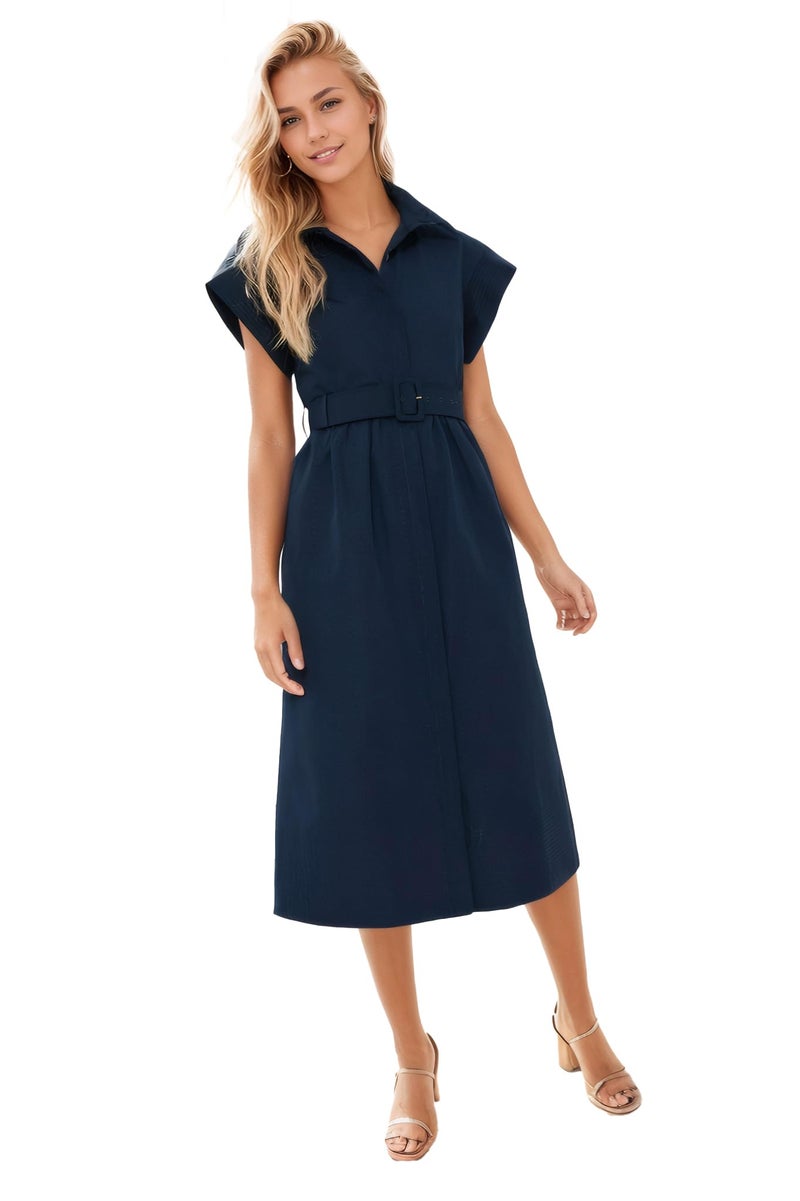 Ladyful Women Casual Button Down Shirt Dress Short Wing Sleeve Buiness Midi Shirt Dress with Belt Elegant Dress Navy - Image 1