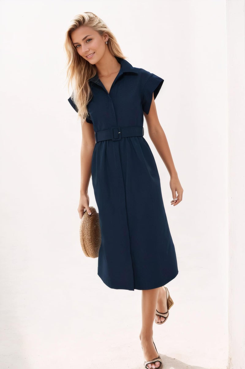Ladyful Women Casual Button Down Shirt Dress Short Wing Sleeve Buiness Midi Shirt Dress with Belt Elegant Dress Navy - Image 2