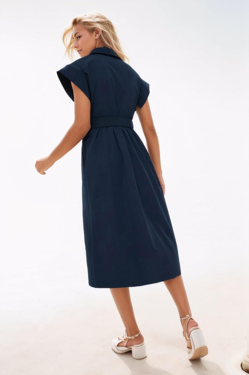 Ladyful Women Casual Button Down Shirt Dress Short Wing Sleeve Buiness Midi Shirt Dress with Belt Elegant Dress Navy - Image 5