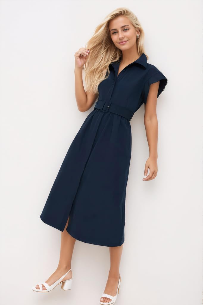 Ladyful Women Casual Button Down Shirt Dress Short Wing Sleeve Buiness Midi Shirt Dress with Belt Elegant Dress Navy - Image 4