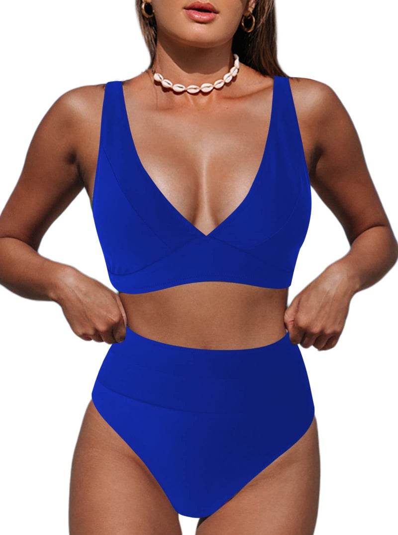 Hilinker V Neck Bikini Sets for Women High Waisted Swimsuit 2 Piece Bathing Suit Royal Blue Medium - Image 1