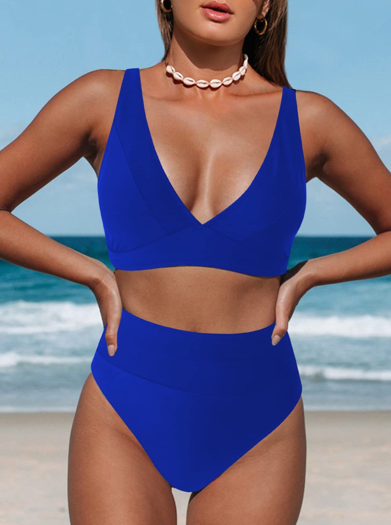 Hilinker V Neck Bikini Sets for Women High Waisted Swimsuit 2 Piece Bathing Suit Royal Blue Medium - Image 2