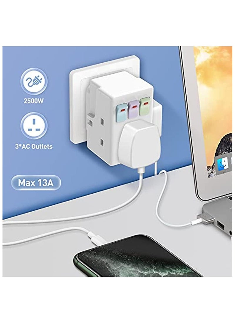 General - 3 Way Plug Adaptor Multi Plug Extension Socket Adapter with Switches 13A UK 3 Pin Switched Socket Extensions Triple Wall Sockets Adapter Plugs Power Extender for Home Office - Image 1