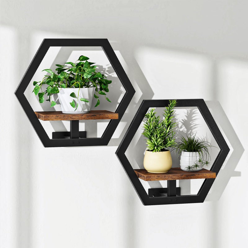 CHOEZON Wall Planters for Indoor Plants Set of 2, Wall Plant Holder, Floating Shelves for Living Room, Bedroom, Kitchen, Home Office, Rustic Brown and Black TBJ40P2BF - Image 1