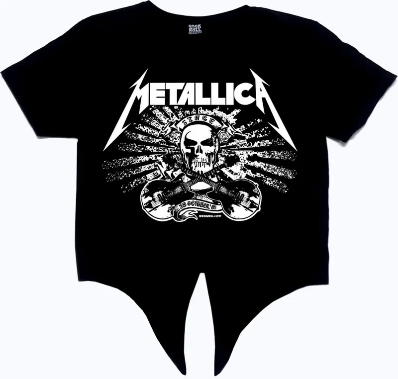 Rock&Roll Metallica Skull Black Crop Top Tied Women's T-Shirt
