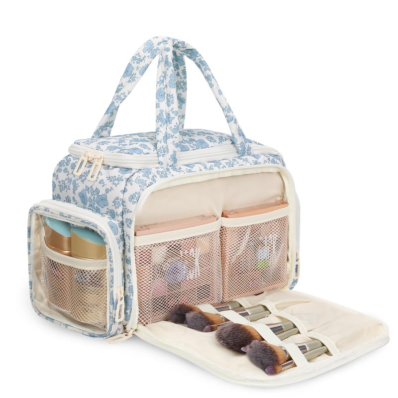 WGEAR Travel Makeup Bag Lightweight Wideopen Toiletries Bag for Women Large Cosmetic Organizer Bag with Makeup Brushes Compartment for TravelSized Essentials for Trip Camping Blue Flower - Image 2