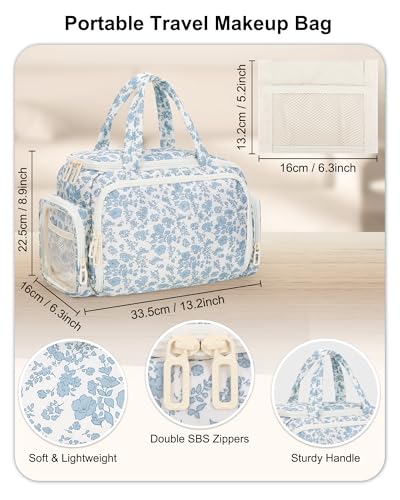 WGEAR Travel Makeup Bag Lightweight Wideopen Toiletries Bag for Women Large Cosmetic Organizer Bag with Makeup Brushes Compartment for TravelSized Essentials for Trip Camping Blue Flower - Image 3