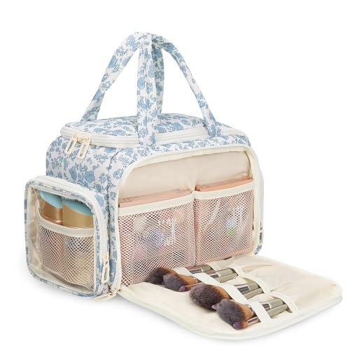 WGEAR Travel Makeup Bag Lightweight Wideopen Toiletries Bag for Women Large Cosmetic Organizer Bag with Makeup Brushes Compartment for TravelSized Essentials for Trip Camping Blue Flower - Image 1